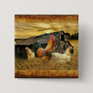 Vintage Rooster Hens Rustic Barn Coop Button