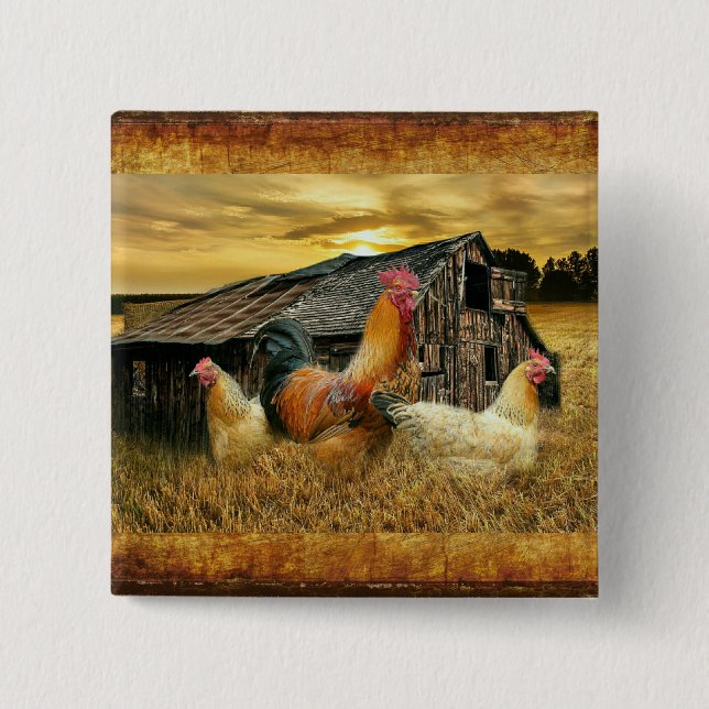 Vintage Rooster Hens Rustic Barn Coop Button (Front)