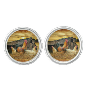 Vintage Rooster Hens Rustic Barn Coop Cufflinks