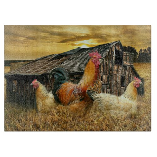 Vintage Rooster Hens Rustic Barn Coop Cutting Board