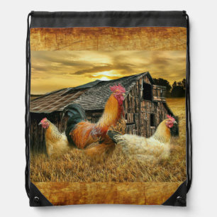 Vintage Rooster Hens Rustic Barn Coop Drawstring Bag
