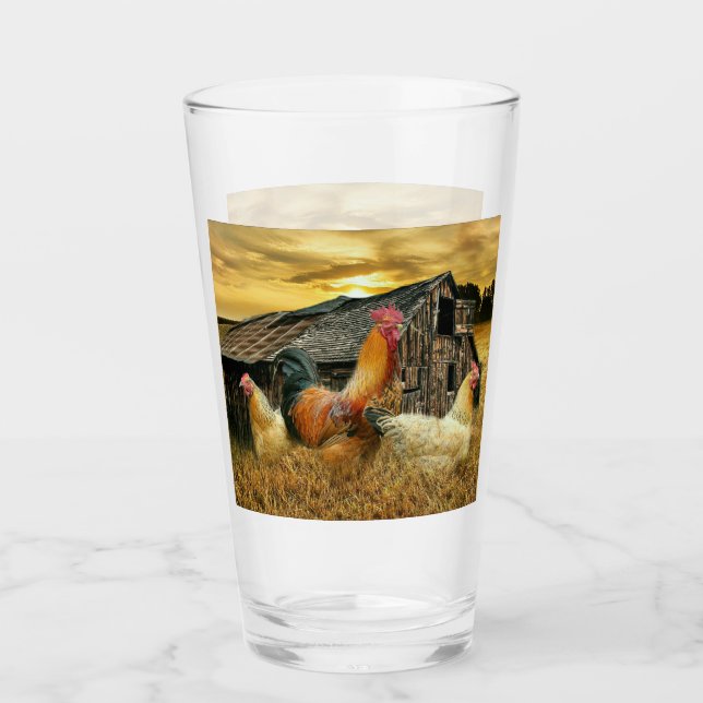 Vintage Rooster Hens Rustic Barn Coop Glass (Front)