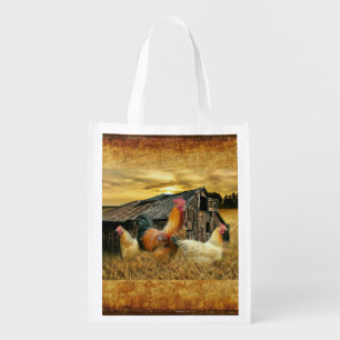Vintage Rooster Hens Rustic Barn Coop Grocery Bag