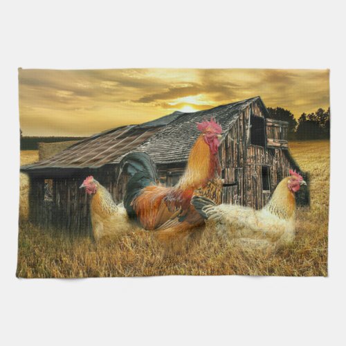 Vintage Rooster Hens Rustic Barn Coop Kitchen Towel