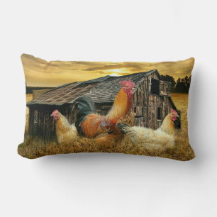 Vintage Rooster Hens Rustic Barn Coop Lumbar Pillow