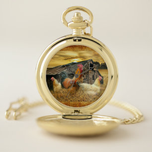 Vintage Rooster Hens Rustic Barn Coop Pocket Watch