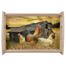 Vintage Rooster Hens Rustic Barn Coop Serving Tray