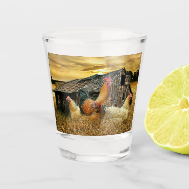 Vintage Rooster Hens Rustic Barn Coop Shot Glass (Front)