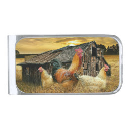 Vintage Rooster Hens Rustic Barn Coop Silver Finish Money Clip
