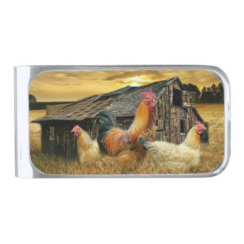 Vintage Rooster Hens Rustic Barn Coop Silver Finish Money Clip