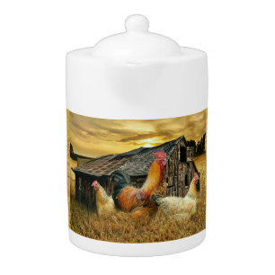 Vintage Rooster Hens Rustic Barn Coop Teapot