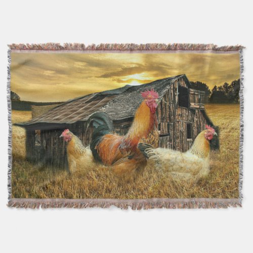 Vintage Rooster Hens Rustic Barn Coop Throw Blanket