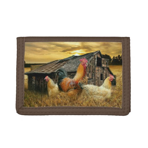 Vintage Rooster Hens Rustic Barn Coop Trifold Wallet