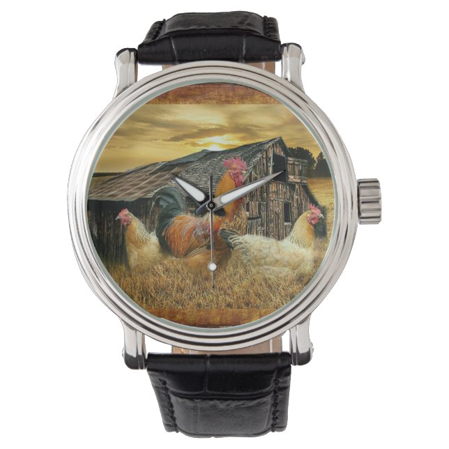 Vintage Rooster Hens Rustic Barn Coop Watch (Front)