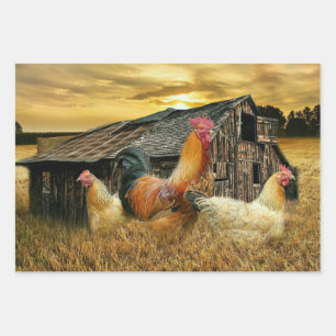 Vintage Rooster Hens Rustic Barn Coop Wrapping Paper Sheets