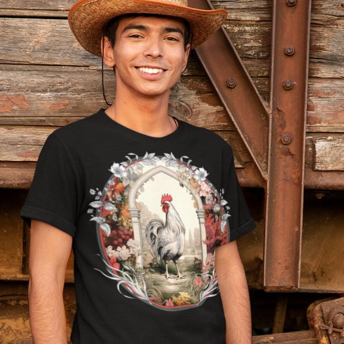 Vintage Rooster in a Traditional Garden T_Shirt