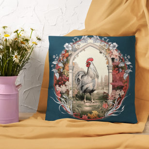Vintage Rooster in a Traditional Garden Throw Pillow