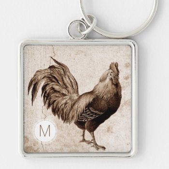 Vintage Rooster Monogram Square Keychain by The_Roosters_Wishes at Zazzle