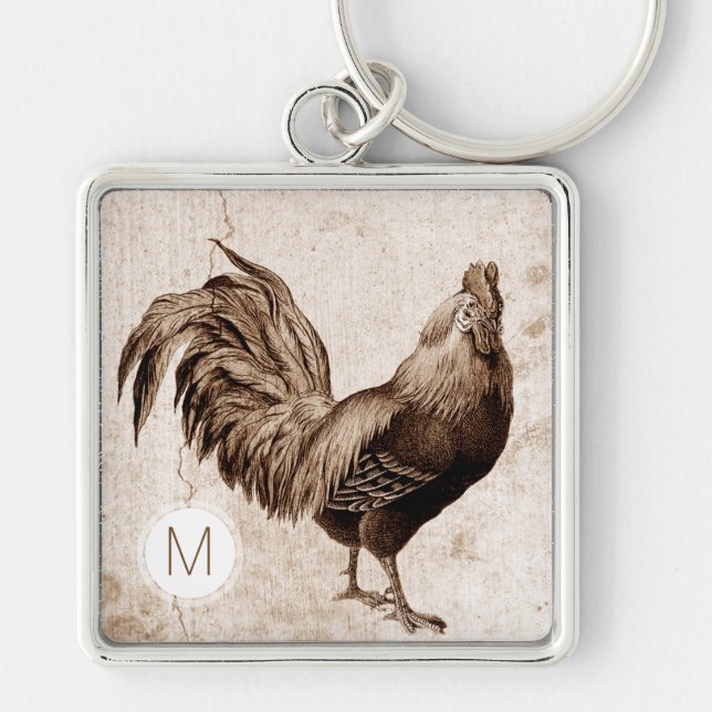 Vintage Rooster Monogram Square Keychain (Front)