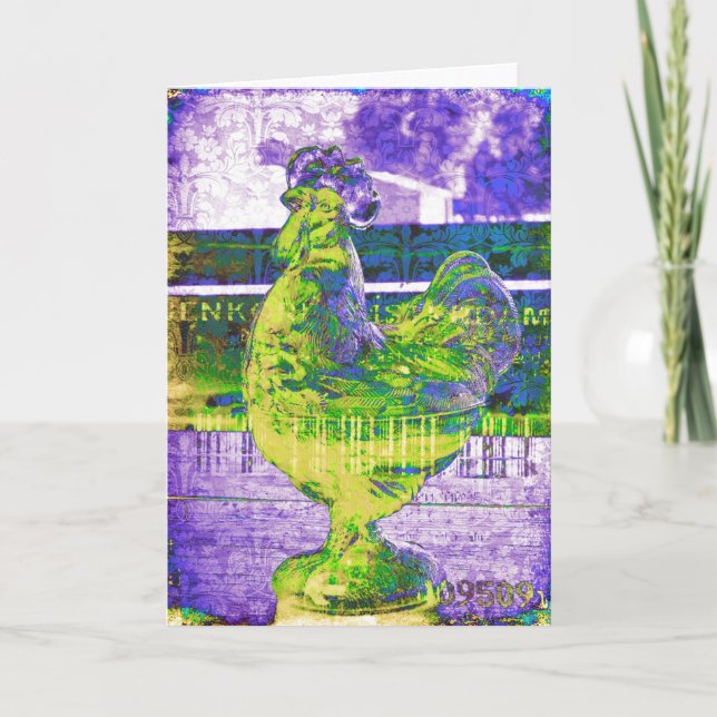 Vintage Rooster of Glass Lime Purple all occasions Card (Front)