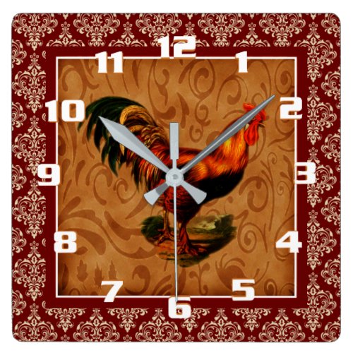 Vintage Rooster on a Rustic damask Pattern Square Wall Clock