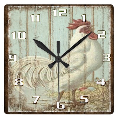 Vintage Rooster on a Rustic Old Wooden Boards Square Wall Clock