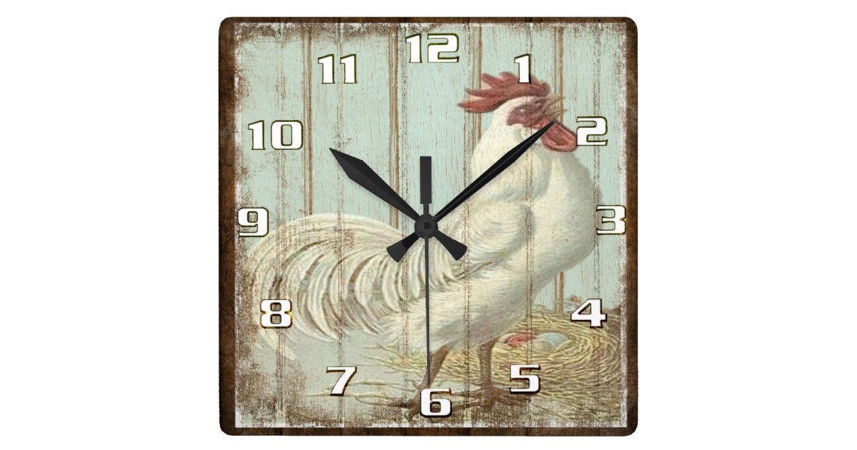 Vintage Rooster On A Rustic Old Wooden Boards Square Wall Clock Zazzle Com