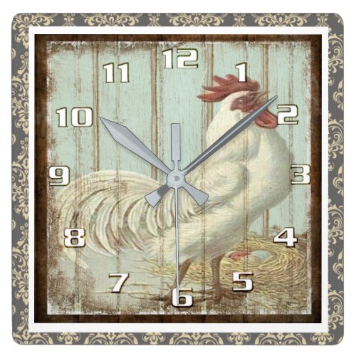Vintage Rooster on a Rustic Wooden Board Ornate Square Wall Clock