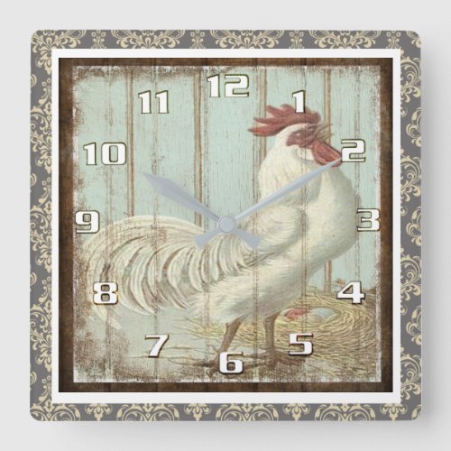 Vintage Rooster on a Rustic Wooden Board Ornate Square Wall Clock
