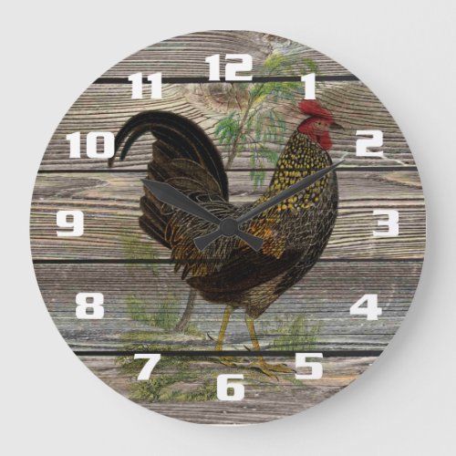 Vintage Rooster on Old Wooden Boards Kitchen Large Clock