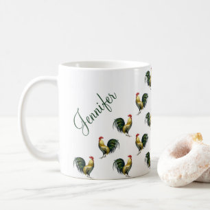 Vintage Rooster Pattern Custom Name Coffee Mug