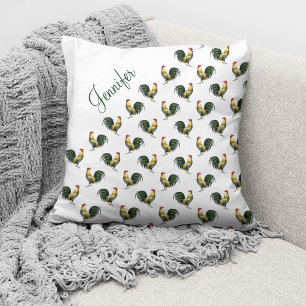 Vintage Rooster Pattern Custom Name Throw Pillow