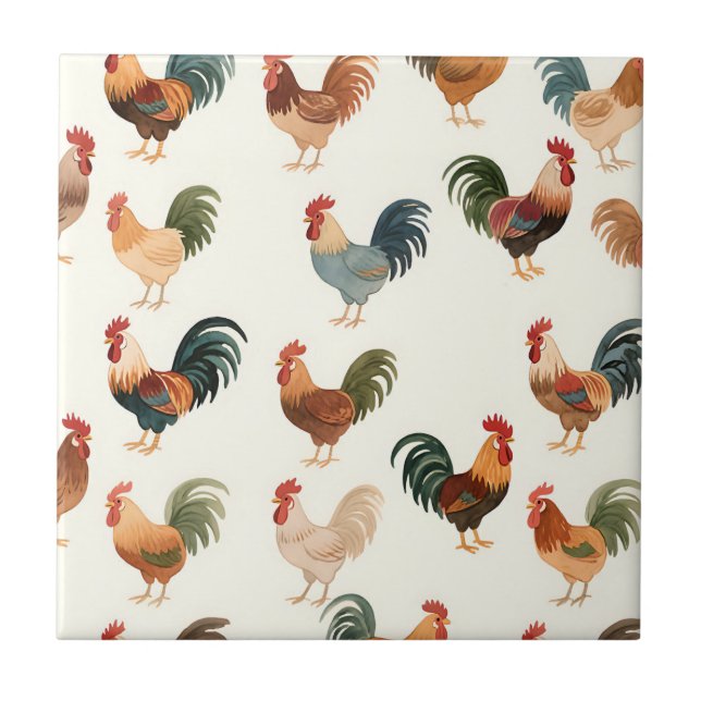 Vintage Rooster Pattern Farmhouse Style Ceramic Tile (Front)