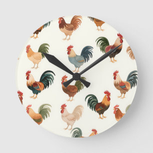 Vintage Rooster Pattern Farmhouse Style Round Clock