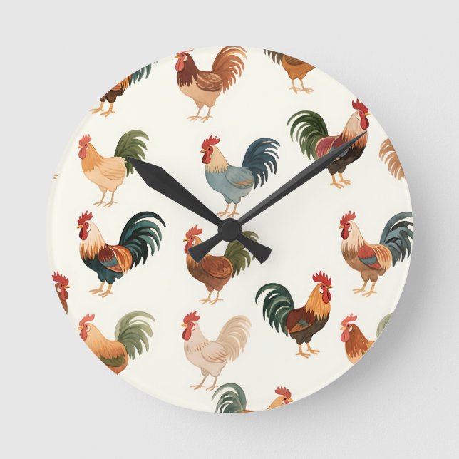 Vintage Rooster Pattern Farmhouse Style Round Clock (Front)
