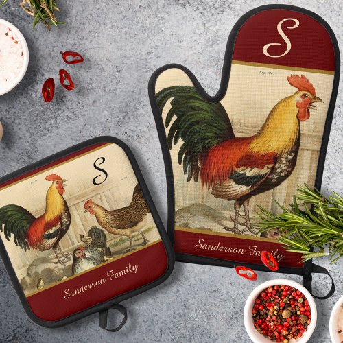 Vintage Rooster Personalized with a monogram name Oven Mitt  Pot Holder Set