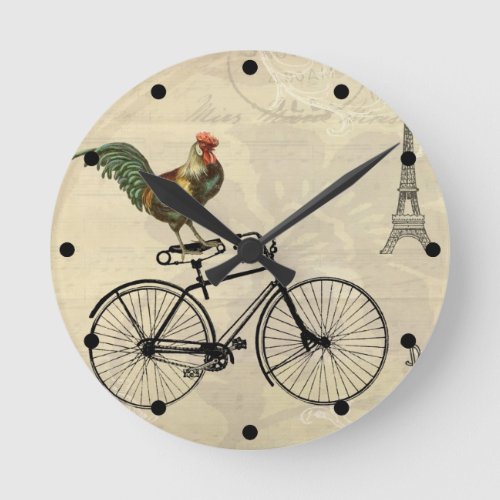 Vintage Rooster Riding a Bike by the Eiffel Tower Round Clock