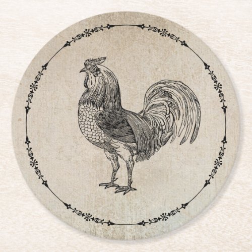 Vintage Rooster Round Paper Coaster