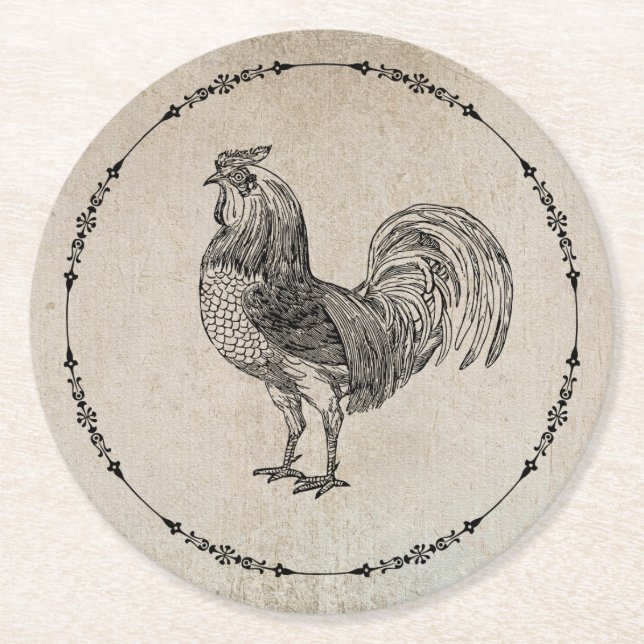 Vintage Rooster Round Paper Coaster (Front)