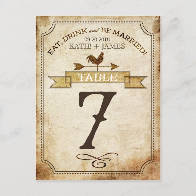 Vintage Rooster Rustic Country Table Number Card (Front)