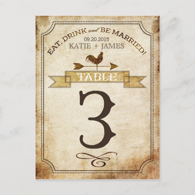 Vintage Rooster Rustic Country Table Number Card (Front)