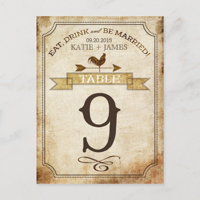 Vintage Rooster Rustic Country Table Number Card (Front)