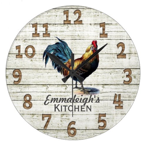 Vintage Rooster Rustic Wood Chicken Wire Monogram Large Clock