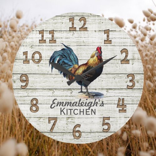 Vintage Rooster Rustic Wood Chicken Wire Monogram  Large Clock