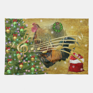Vintage Rooster Singing Christmas Carols Kitchen Towel