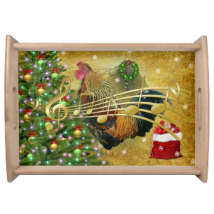 Vintage Rooster Singing Christmas Carols Serving Tray