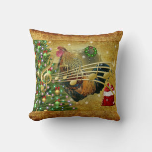 Vintage Rooster Singing Christmas Carols Throw Pillow