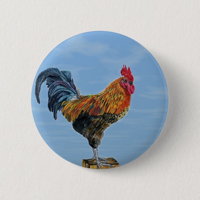 Vintage Rooster Sky Customize animal Chicken Pinback Button (Front)