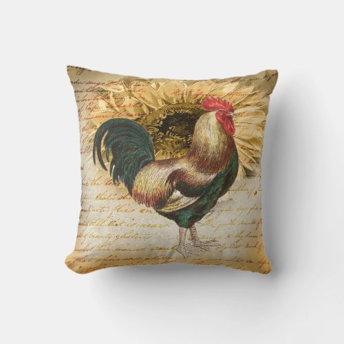 Vintage Rooster Sunflower Ephemera Throw Pillow