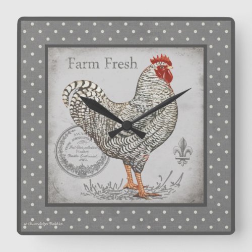 Vintage Rooster wall clock in grays  creams